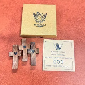 3pcs Cross My Heart, Black Walnut with Heart Design, Religious Comfort Gift,Encouragement Gift Stress Relief Cross,Prayer Cross for Hand,Pocket Cross Christian Gifts .
