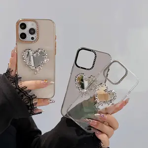 Heart Shaped Phone Case with Mirror, Rhinestone Decor Phone Protective Cover, Phone Accessories Compatible with iPhone 16 15 14 Pro Max, Casing