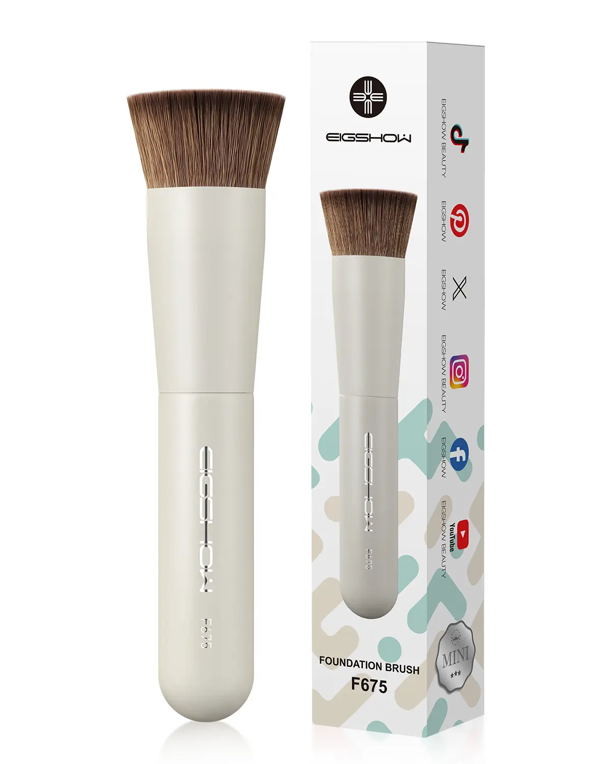 EIGSHOW Flat Top Kabuki Foundation Brush, Dense Synthetic Bristles for Liquid, Cream, Powder, Streak-Free Blending, Travel-Friendly Design with Precision Control (F675-Beige)