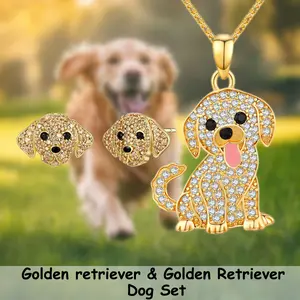 3 Pcs/Set Shining Golden Retriever Alloy Necklace & Earrings Set: Elegant Pet Lover Jewelry Gift for Women, Mom, Friend - Perfect Birthday, Christmas Present, Dog Memorial Keepsake