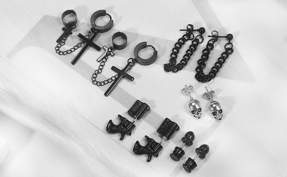 16 Pairs Punk Black Earrings Set for Men with Pendants, Chain-piercing Earrings, Suitable for Women and Unisex Wear, Stainless Steel Punk Earrings for Men,Screw Cone etc Hoop Long Chain Piercing Hoop Earrings Set