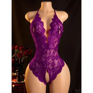 Sexy Purple Lace Bodysuit - Vibrant Floral Pattern, Strapless, No Padding, Adult Women'S Intimate Wear, Romantic Setting with Red Roses, Romantic Attire |   Vibrant Lace Design |   Lace Bodysuit Womenswear Knit Lingerie Solid