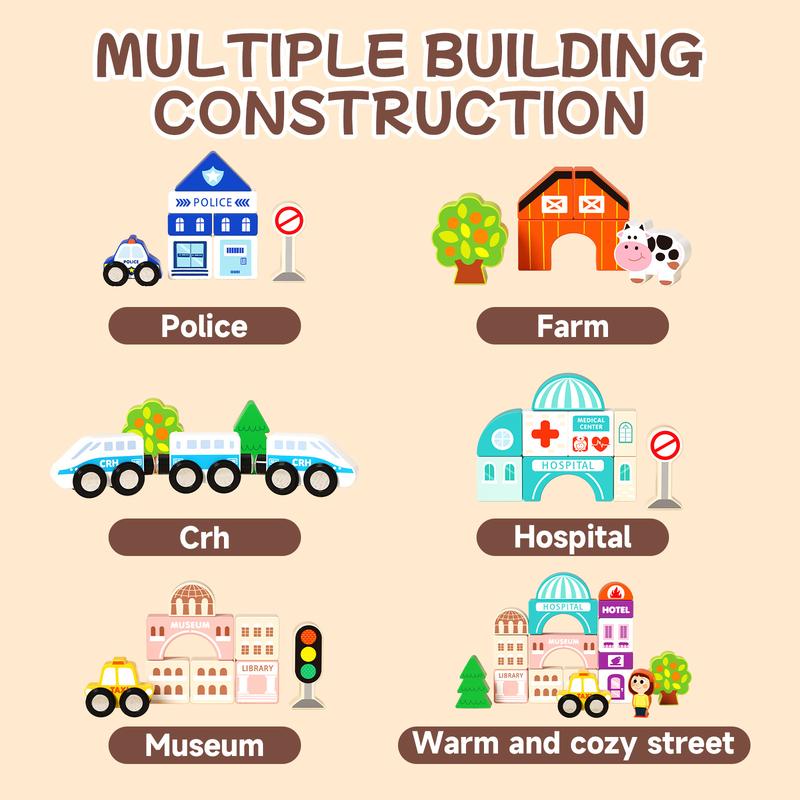 EDUTREE Wooden Track City Blocks Fun Educational Toys for Kids Portable Durable Block Set for Travel Hand-eye Coordination Shape Recognition Halloween Birthday Gifts for Boys Girls