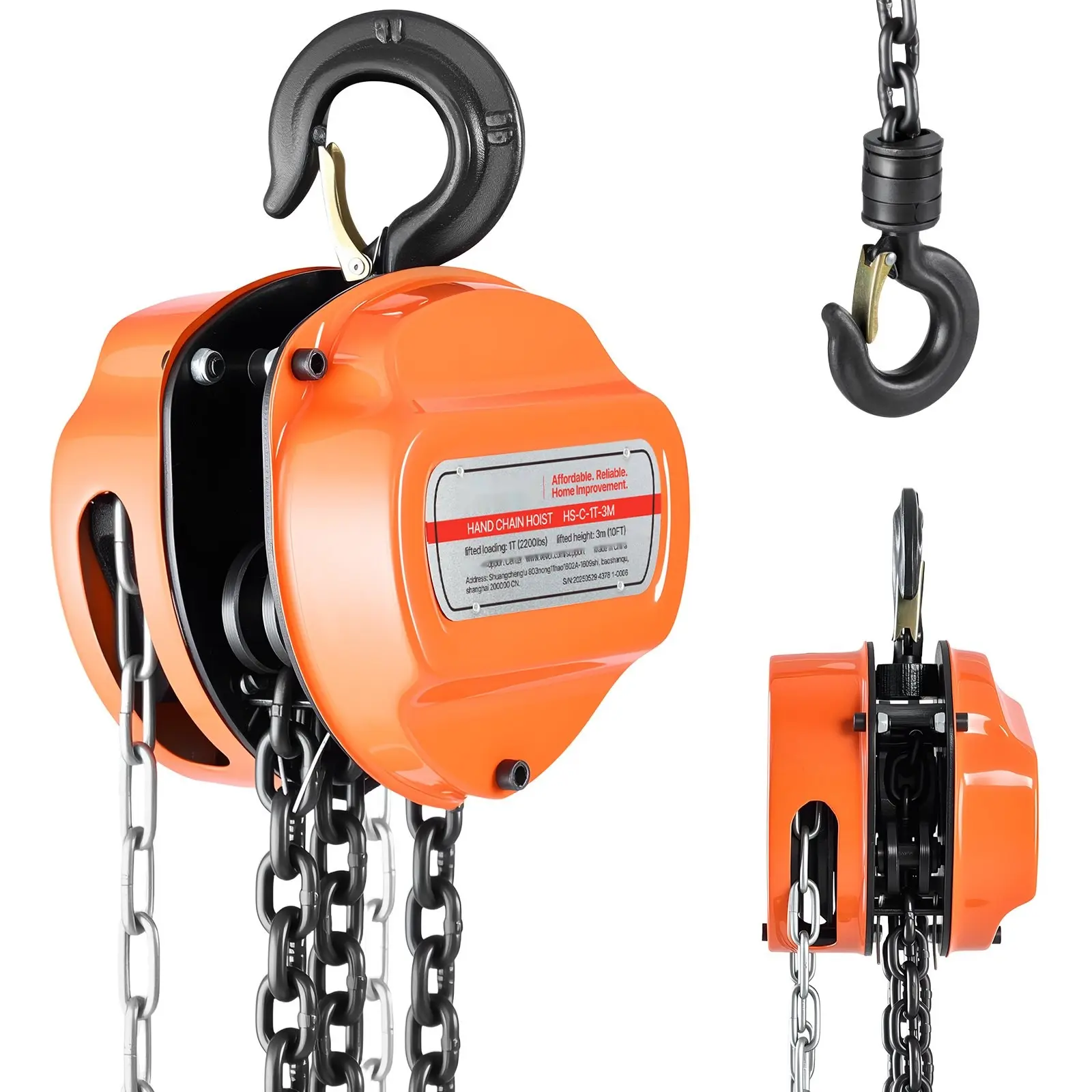 Hand Chain Hoist 2200 Lbs Capacity 10 Ft Manual Chain Block With G80 Chain For Industrial Lifting, Durable Steel Construction, Safe Load Handling, Swivel Hooks, Easy Operation For Workshops