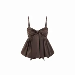 Cider Satin Bowknot Bubble Hem Cami Top