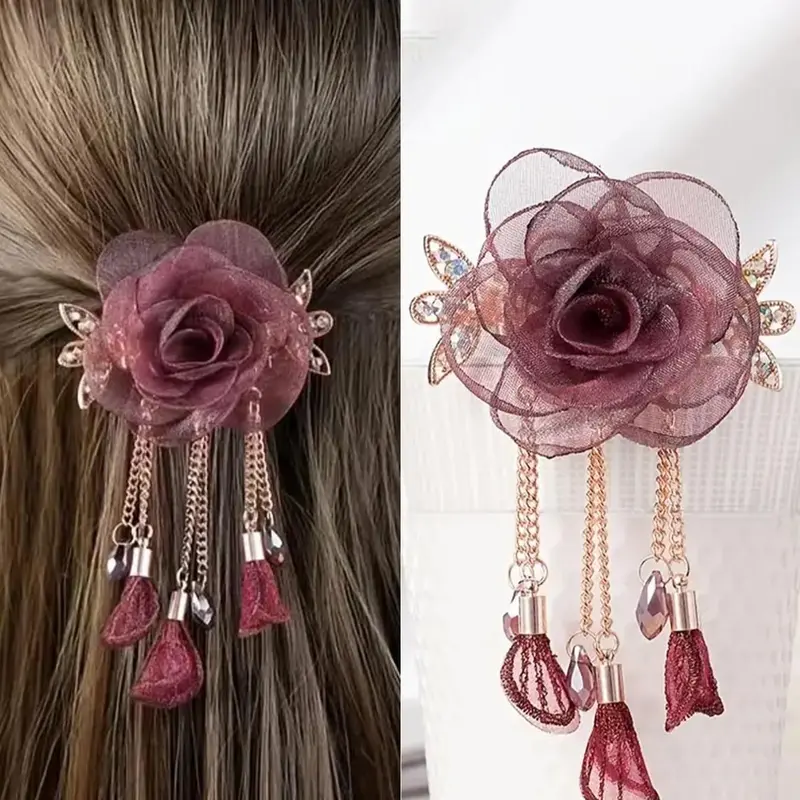 1 Piece Elegant Style Chain Tassel Decor & Mesh Rose Design Hair Claw Clip, Rose Hair Claw, Fashion Hair Styling Accessories Perfect For Women & Girls, Flower Hair Clip