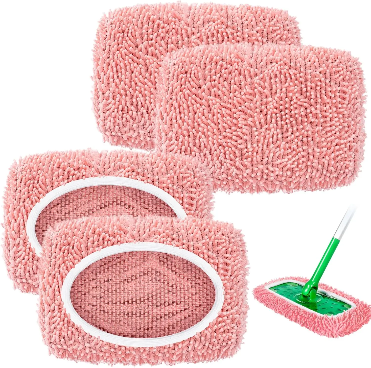 4-Pack Reusable Microfiber Chenille Mop Pads - Swiffer Sweeper Compatible Refills, Microfiber Cleaning Towels for Wet Dry Use, Clean Floors Solution, Pink Home Care Mops