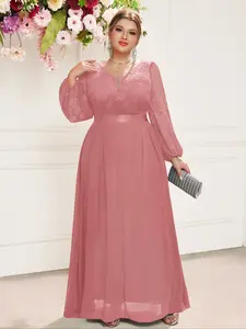 MISSMAY P54375A Plus Deep V-Neck Lantern Sleeve Floral Lace Contrast Chiffon Ribbon Waist Evening Party Maxi Long Flowy Dress, New Year Dress, Winter Dress, Elegant Formal Prom Wedding Guest Gown, For Birthday, Graduation, Dinner, Festivals