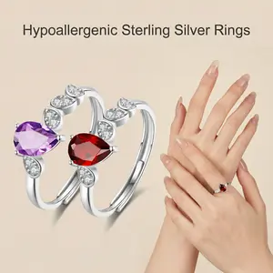 S925 Sterling Silver Garnet Ring – Pear Cut 5x7mm Red Gemstone, Adjustable Open Band, Hypoallergenic New Chinese Style Jewelry for Women