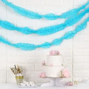 3 Pack 28ft Light Blue Ruffled Paper Streamer Rolls, Crepe Tissue Party Decorations