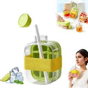 2-In-1 Ice Cube Bottle with Straw, Touch-Free Ice Cube Tray, Easy Ice Release, 12 Compartments, Ideal for Whiskey & Cocktails