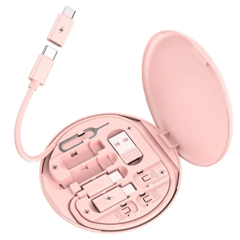 Multi USB Charging Adapter Cable Kit, USB-C to iOS Adapter Set, Type-C to Micro USB & iOS Converter, Data Transfer Travel Kit with Card Storage, SIM Eject Pin & Phone Stand, Pink