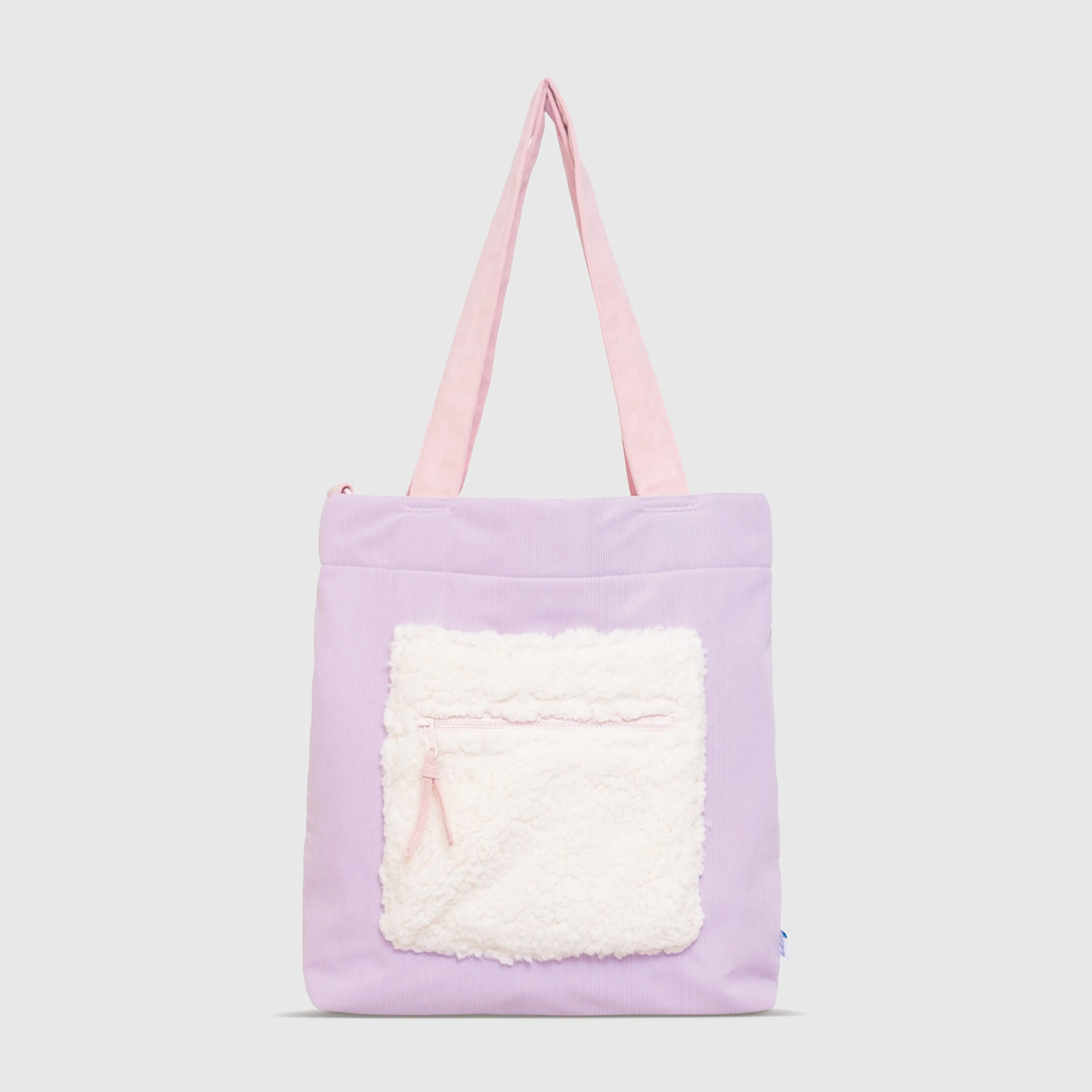 Color Block Tote – Corduroy & Sherpa Bag with Double Pockets + Cozy Coin Purse, Orchid Petal