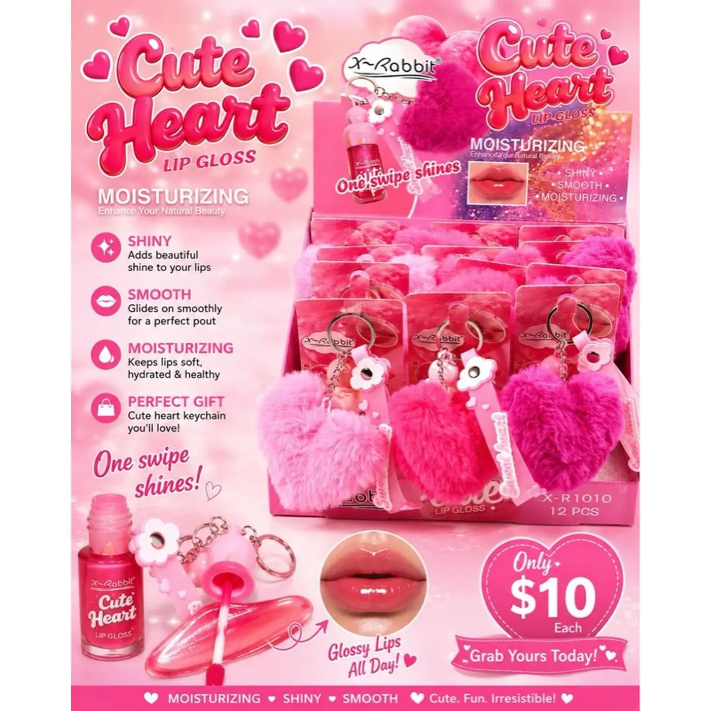 X-Rabbit Cute Heart Lip Gloss - Moisturizing, Shiny, Smooth, Perfect Gift with Keychain, One Swipe Shines