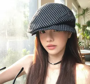 Women's Japanese-Style Literary Striped Cotton-Linen Beret - Spring & Summer Sports & Outdoor Hat, Face-Slimming Retro Duckbill Painter Newsboy Cap