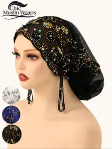 Women's Geometric Print Lace Beaded Headscarf Hat, Bohemian Satin Lined Hair Accessory, Adjustable Ankara Chemotherapy Cap