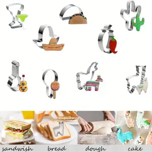 9Pcs Stainless Steel Mexican Fiesta Cookie Cutters,Pinata Style Cactus Sombrero Pastry Biscuit Molds,DIY Baking Decorating Tools,Fondant Cutter Molds,Kitchen Accessories Bakeware Cake