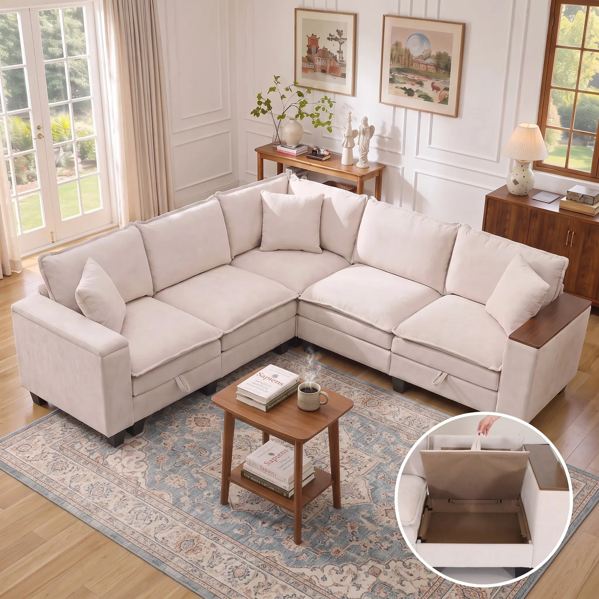 90" L Shaped Sectional Couch with Storage, Comfy Chenille Cloud Couch, Extra Large Convertible V Shaped Corner Couch, 5 Seat Modular Cloud Sofa with 2 Pillows & Storage Armrests , V Shaped Couch with Storage, Sectional Couches for Living Room, Beige