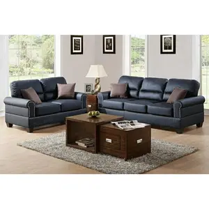 Poundex F7877 2 pc Black Faux Leather Sofa & Love Seat Set with Nail Head Trim & Rounded Arms for Modern Living Room Furniture
