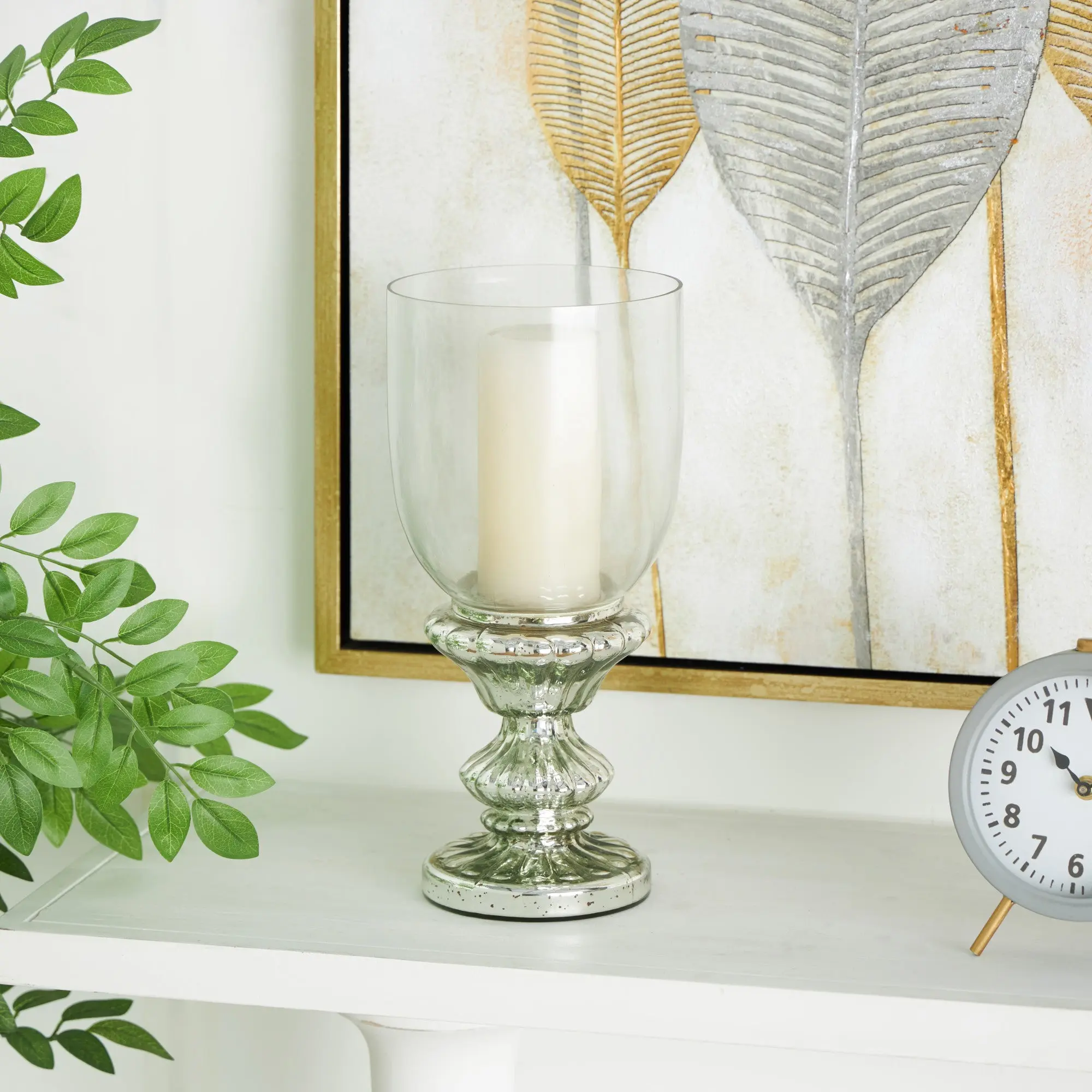 Round Handmade Silver Glass Turned-Style Pillar Hurricane Lamp with Faux Mercury Glass Finish, Home Decor Candle Holder, Rubber