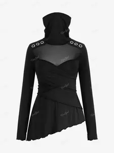 Rosegal Gothic Mesh Panel Surplice High Neck Asymmetrical T-shirt