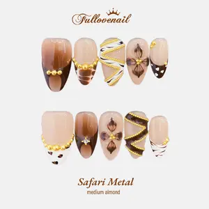 Fullovenail Medium Almond 10 PCS Safari Metal Handmade Press on Nail REUSABLE 3D Gel Fake Nails Acylic Press on Nail/Christmas Autumn Fall Winter Peret 2025