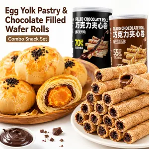 Salted Egg Yolk Pastries & Chocolate Filled Wafer Rolls Gift Set - Flaky Chinese Mooncake-Style Treats with Red Bean, Real Egg Yolk, Creamy Crispy Cocoa Sticks, Individually Wrapped Snack Duo for Afternoon Tea, On-the-Go