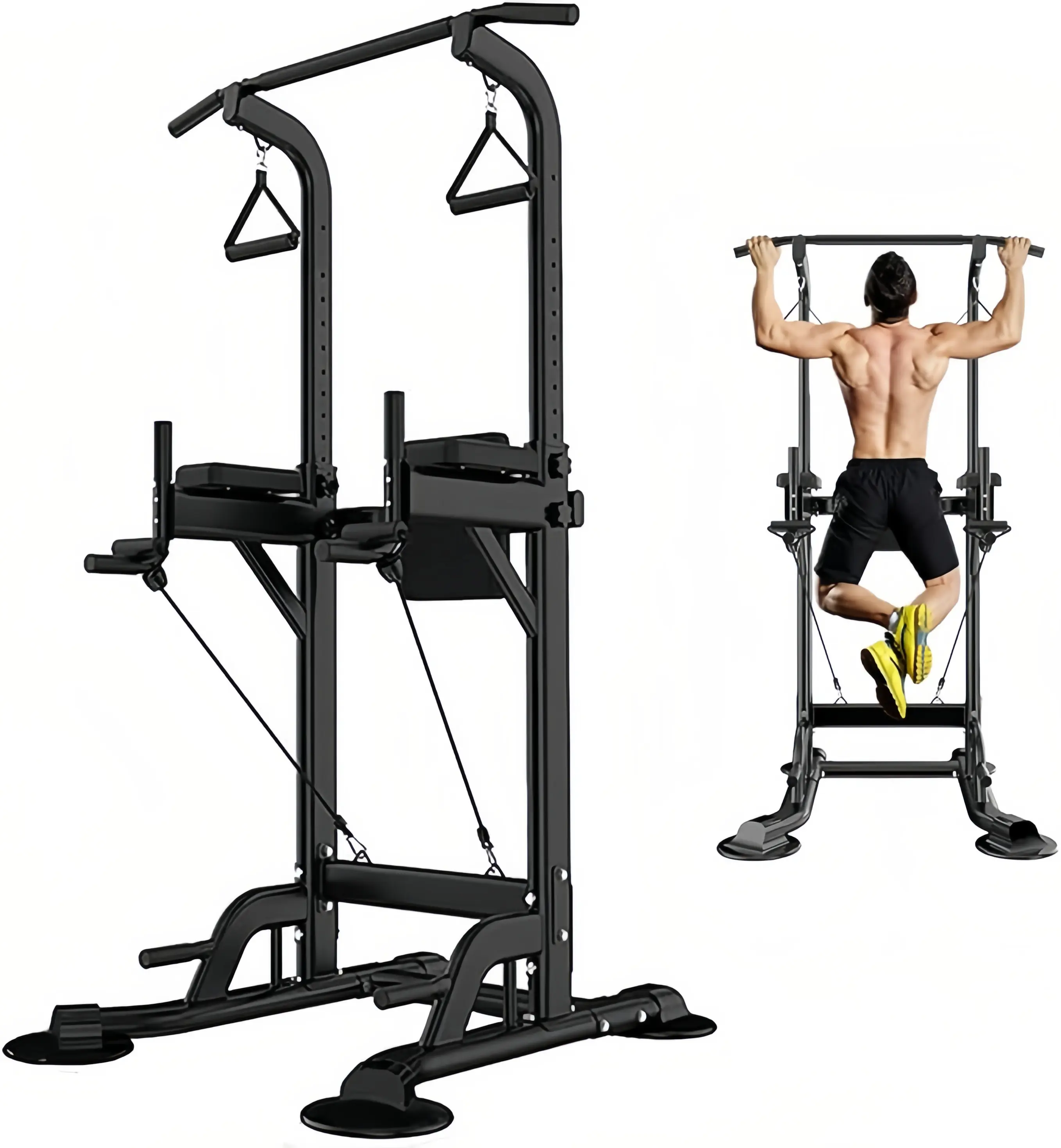 Home Pull Up & Dip Bar Station Multi-function Strength Training Equipment Adjustable Squat Machine with 4 Suction Cups for Stability