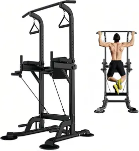 Home Pull Up & Dip Bar Station Multi-function Strength Training Equipment Adjustable Squat Machine with 4 Suction Cups for Stability