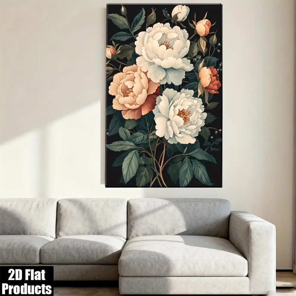 Artistic Large White Peonies & Roses Floral Canvas Wall Art - Framed Dark Background Plant Botanical Print, Superior Quality Modern Design Home Decoration for Living Room, Bedroom, Framed Edges