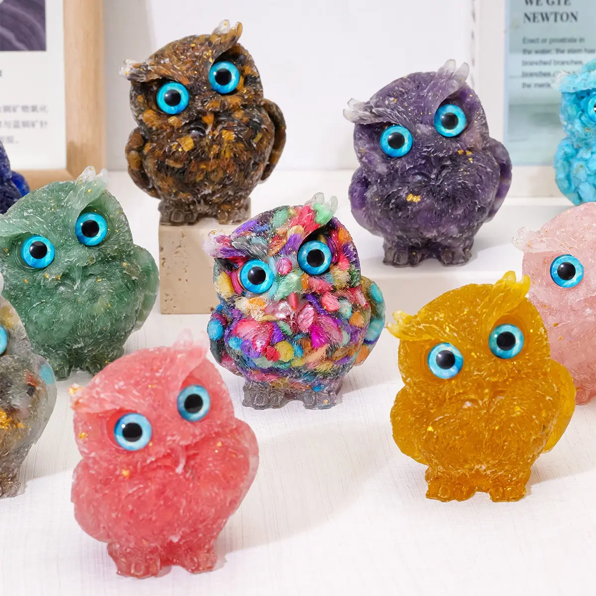 Natural Crystal Stone Gravel Big Owl Figurines, Decorative Sculptures, Statue, Decorative Home Ornament, Hand Made Resin Table Decor for Home, Unique Gift for Collectors, Collectible Figure Decor, Healing Stones Decor