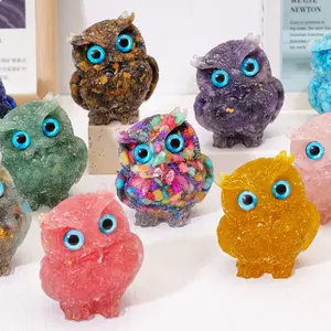 Natural Crystal Stone Gravel Big Owl Figurines, Hand Made Resin Table Decor for Home, Unique Gift for Collectors, Healing Stones Decor