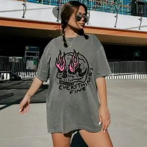 Everything Fine Skull Fire Graphic T-Shirt | Pink Flame Skeleton Print Tee | Edgy Grunge Aesthetic Crewneck | Soft Washed Gray Cotton Casual Streetwear