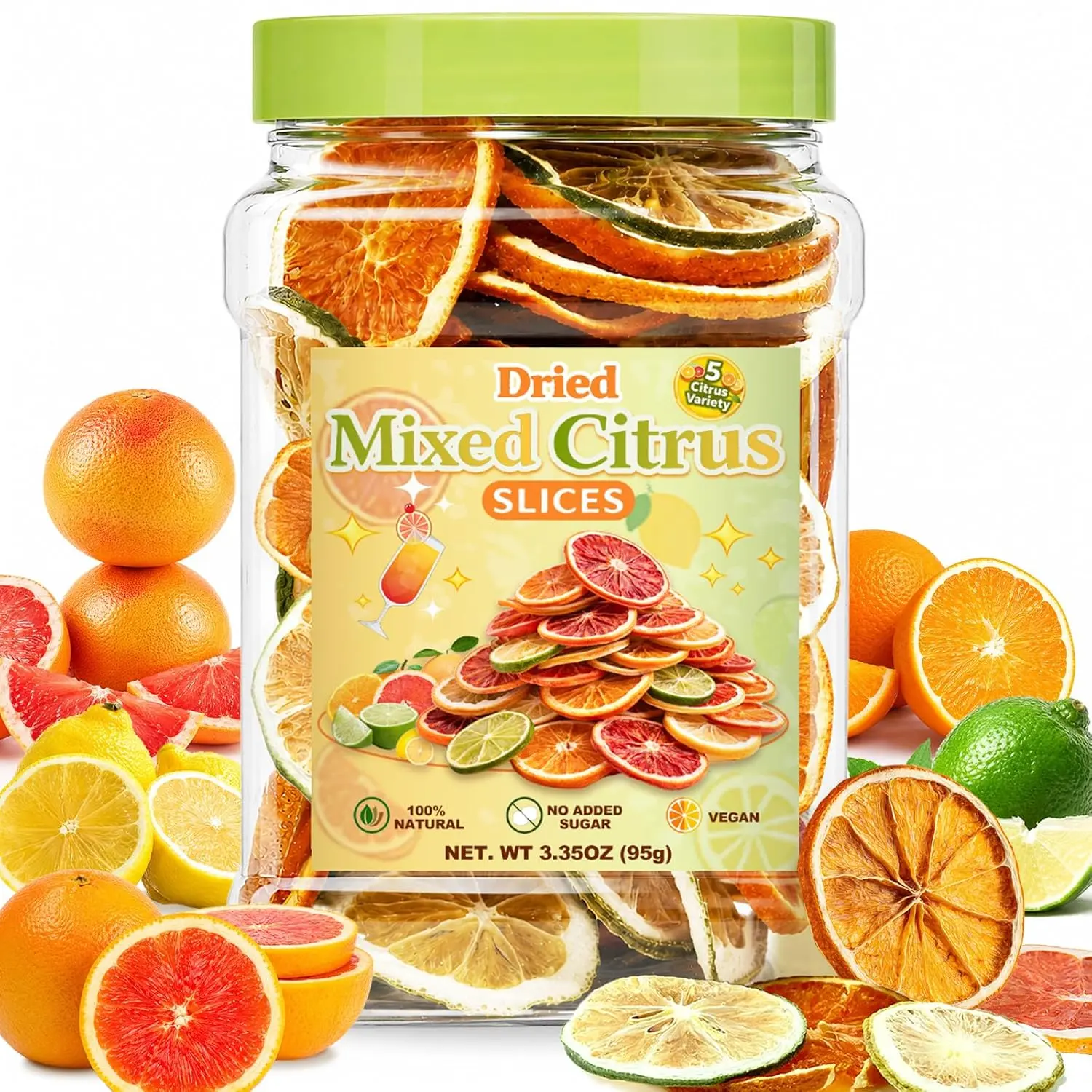 40+ Mixed Dried Citrus Slices, 5 Varieties, 3.35oz (95g) Dehydrated Orange, Lemon, Lime, Grapefruit & Blood Orange for Cocktail Garnishes, Cakes & Drinks