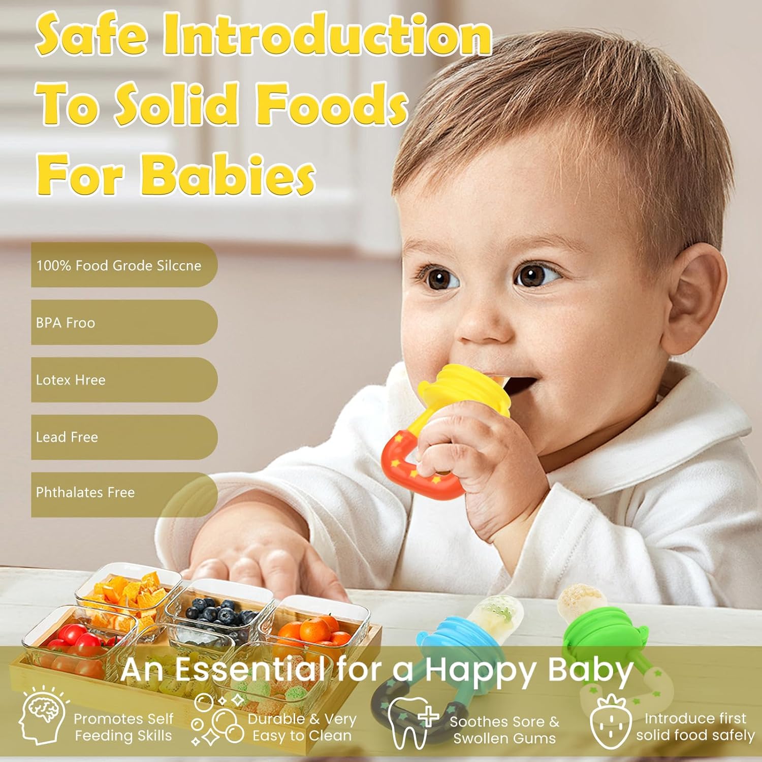 3 Pack Baby Fruit Feeder & Fresh Food Pacifier – Silicone Teething Feeder for Babies, Toddlers & Infants, Baby Solid Food Pacifier, Teether Essentials for Kids 3 Pack Baby Fruit Feeder & Fresh Food Pacifier – Silicone Teething Feeder for Babies, Toddlers & Infants, Baby Solid Food Pacifier, Teether Essentials for Kids