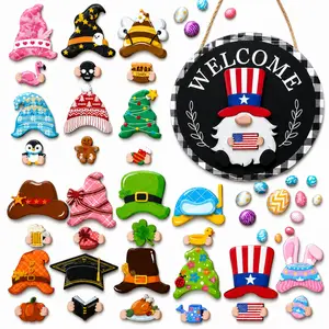 DIY Custom Build Your Own Gnome Welcome Sign, Buffalo Plaid Rim Interchangeable Magnetic Wooden Door Hanger, Mix & Match 16 Sets Seasonal Hat & Ornament Home Decor