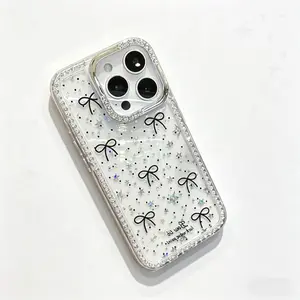 Luxury Polka Dot Bow & Rhinestone Glitter Star Smartphone Case, Shockproof Drop Protection, Transparent Casing for iPhone 11-17 Series Pro & Pro Max - Cellphone Handheld Accessories