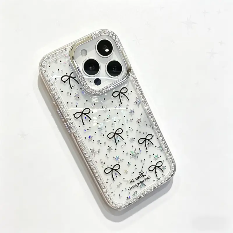 Luxury Polka Dot Bow & Rhinestone Glitter Star TPU Smartphone Case Cover, Shockproof Drop Protection, Transparent Casing for Phone 11-17 Series Pro & Pro Max - Cellphone Tech Accessories