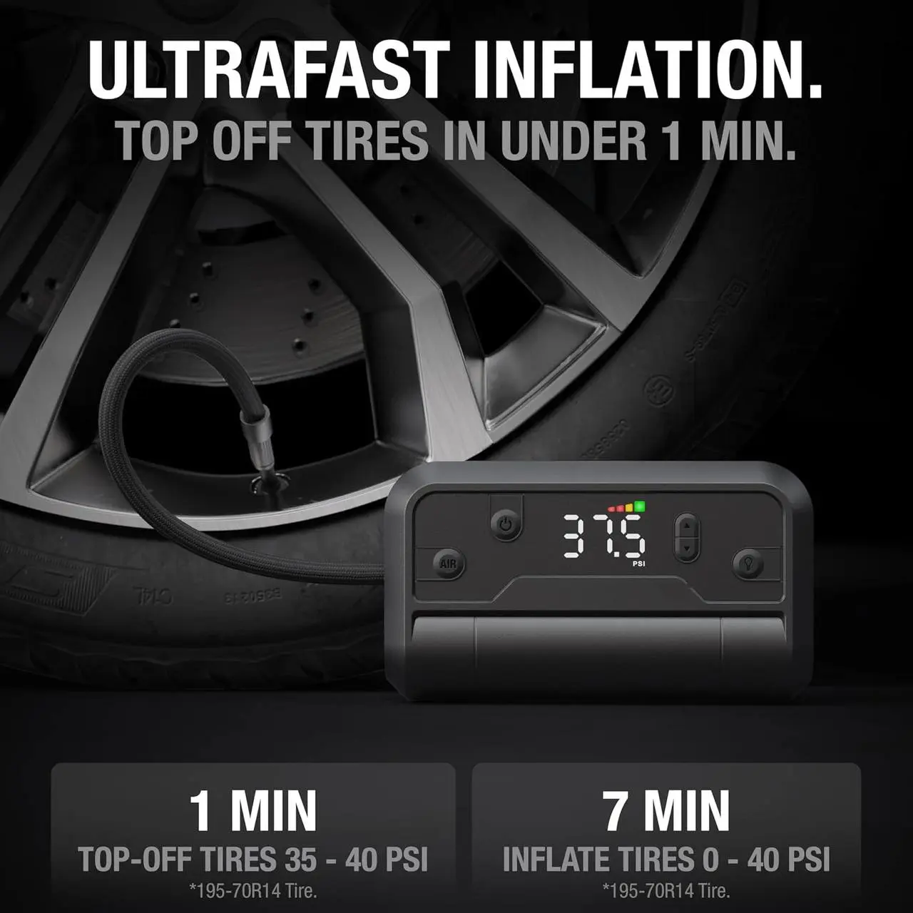 UltraFast Cordless Tire Inflator – Portable Battery-Powered Air Compressor Pump – 17 SLPM Airflow Inflates 0–40 PSI in 7 Minutes – Digital Gauge + Auto-Shutoff