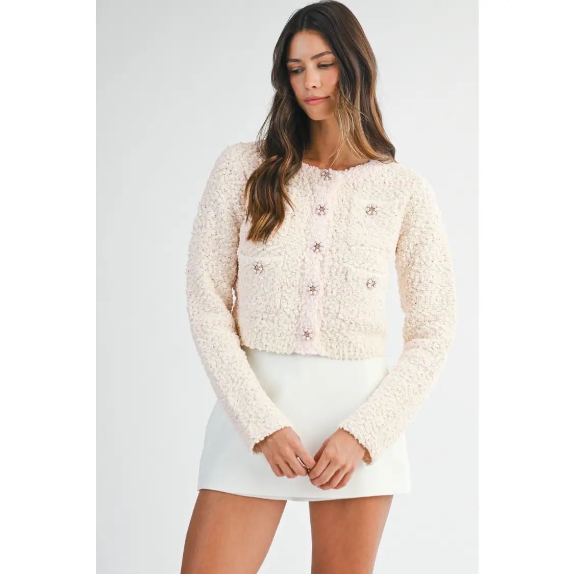 Blaire Bouclé Ivory and Pink Striped Cardigan Sweater