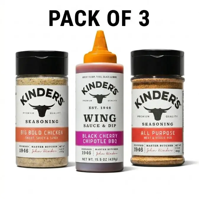 Pack of 3 Kinders, All Purpose Seasoning 2.9 oz, Black Cherry Chipotle BBQ Sauce 15.5 oz & Big Bold Chicken 6.6 oz
