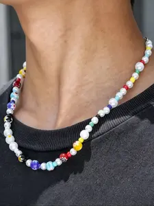 Men's Colorful Glass Flower Beaded Necklace, Versatile Imitation Pearl Chain, Trendy College Style Accessory, Random Bead Colors, Flower Collarbone Chain