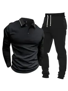 Men's Spring/Autumn Lightweight Long Sleeve Buttoned Polo Shirt & Jogger Pants Set - Stylish Business Casual Two-Piece Outfit with Contrasting Colors, Perfect for Running, Traveling, Vacationing, Hiking, Commuting, Camping Street Style Clothes Menswear