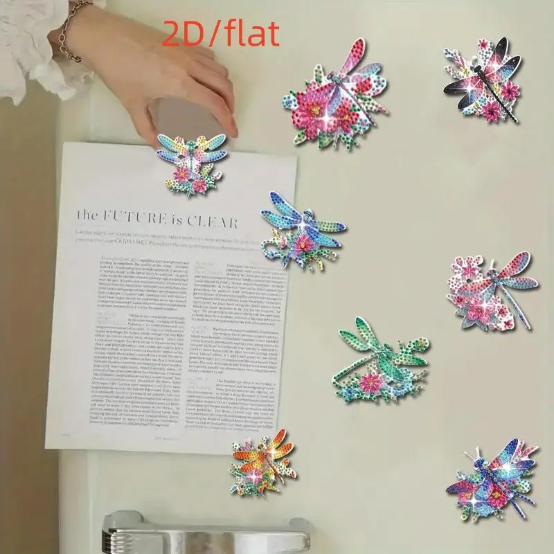 Eight-piece set of dragonfly and flower pattern diamond painting magnet refrigerator stickers, specially shaped DIY diamond art painting kit, home refrigerator, car mailbox decoration, Flower Magnets