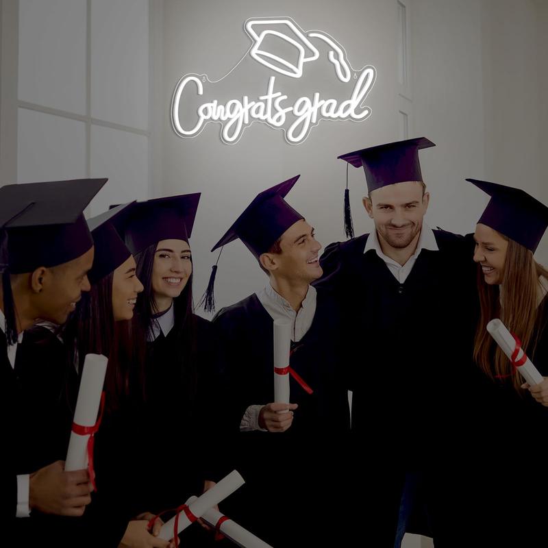 Congrats Grad LED Neon Sign, Graduation Party Decor, Warm White Grad Light Up Letters, Adjustable Congrats Graduation Sign,  LED Light Sign Dorm Room Backdrop, Celebration Gift for Class Congrats Grad(White,Congrats Grad Neon Light)