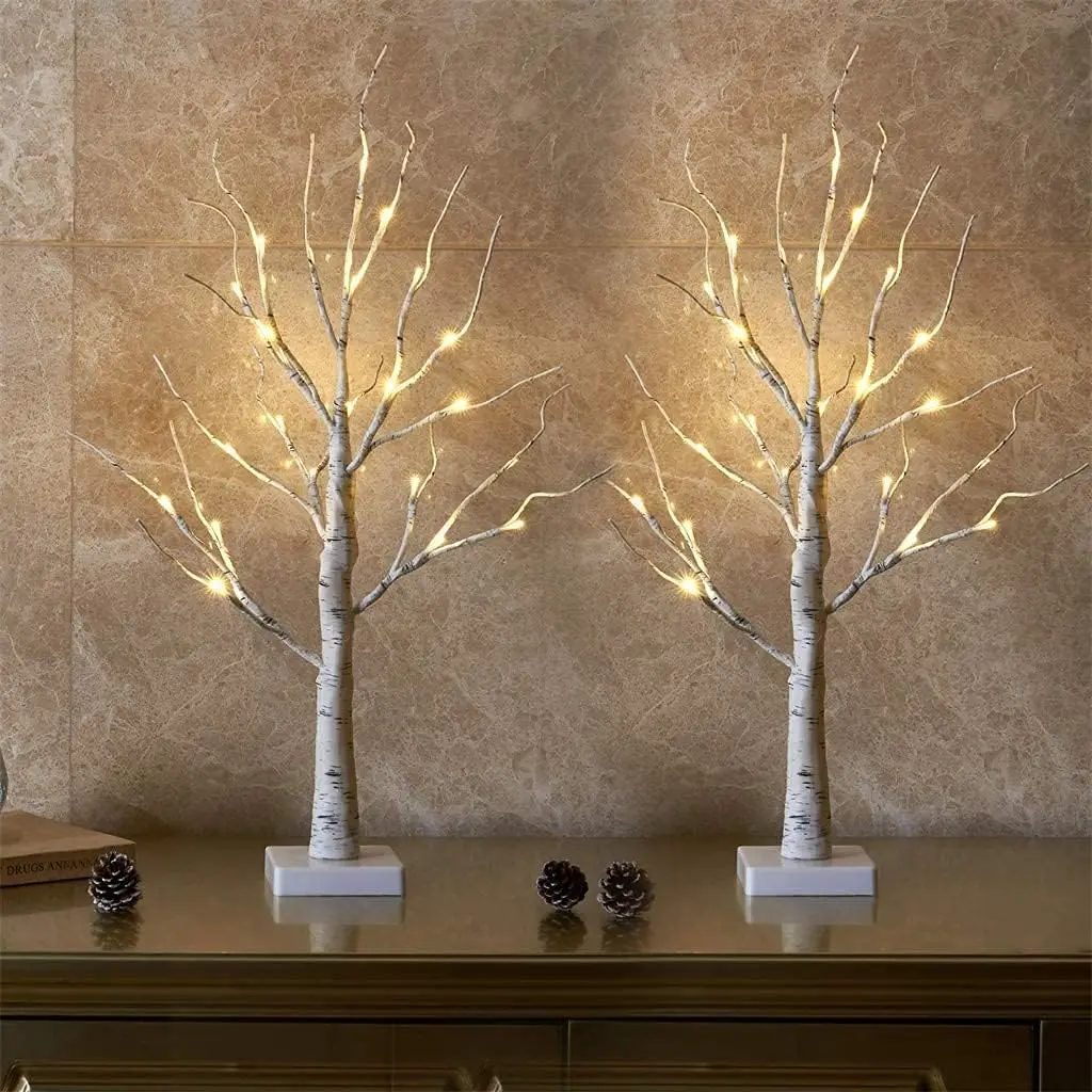 2 Pack 2FT Lighted Birch Trees, 24 LED White Artificial Tree Lamps, Battery Operated & USB Powered Tabletop Decorations for Christmas, Mantel, Table, Bedroom & Home Decor
