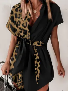 Women's Solid Color Leopard Print Asymmetrical Collar Shirt Dress, Dual Color Contrast Design, Stylish Casual Wear, Valentine, Womenswear