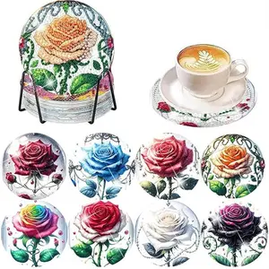 8-Piece Diamond Art Coaster Set with Stand, Diamond Painting Coasters, DIY Valentine's Rose Pattern, Suitable for Adults & Beginners, Perfect Gift for Friends