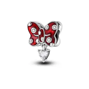 MULA 925 Silver Plated Red Bow Pendant | Shiny Zirconia and Enamel | Elegant Ribbon Charm | Suitable for Pandora Bracelets and Necklaces | Perfect Gift for Women and Girls ️