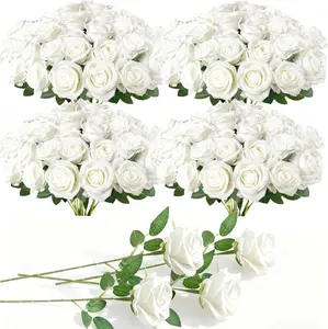 200Pcs White Roses Artificial Flowers, Real Touch Velvet Roses Bouquet Fake Flowers Bulk, Artificial Roses with Long Stems for Birthday Gift Women Mom DIY Bridal Wedding Centerpiece Decorations